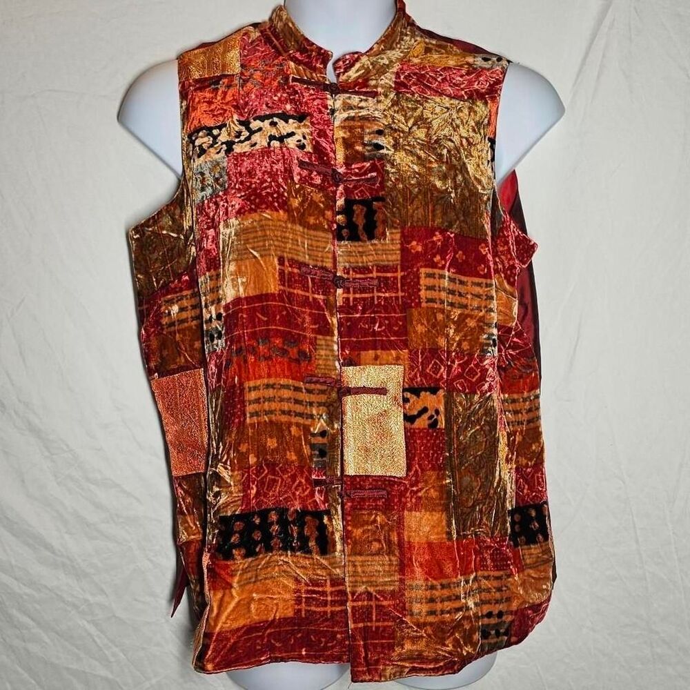 vintage y2k silk blend orange red patchwork velvet vest